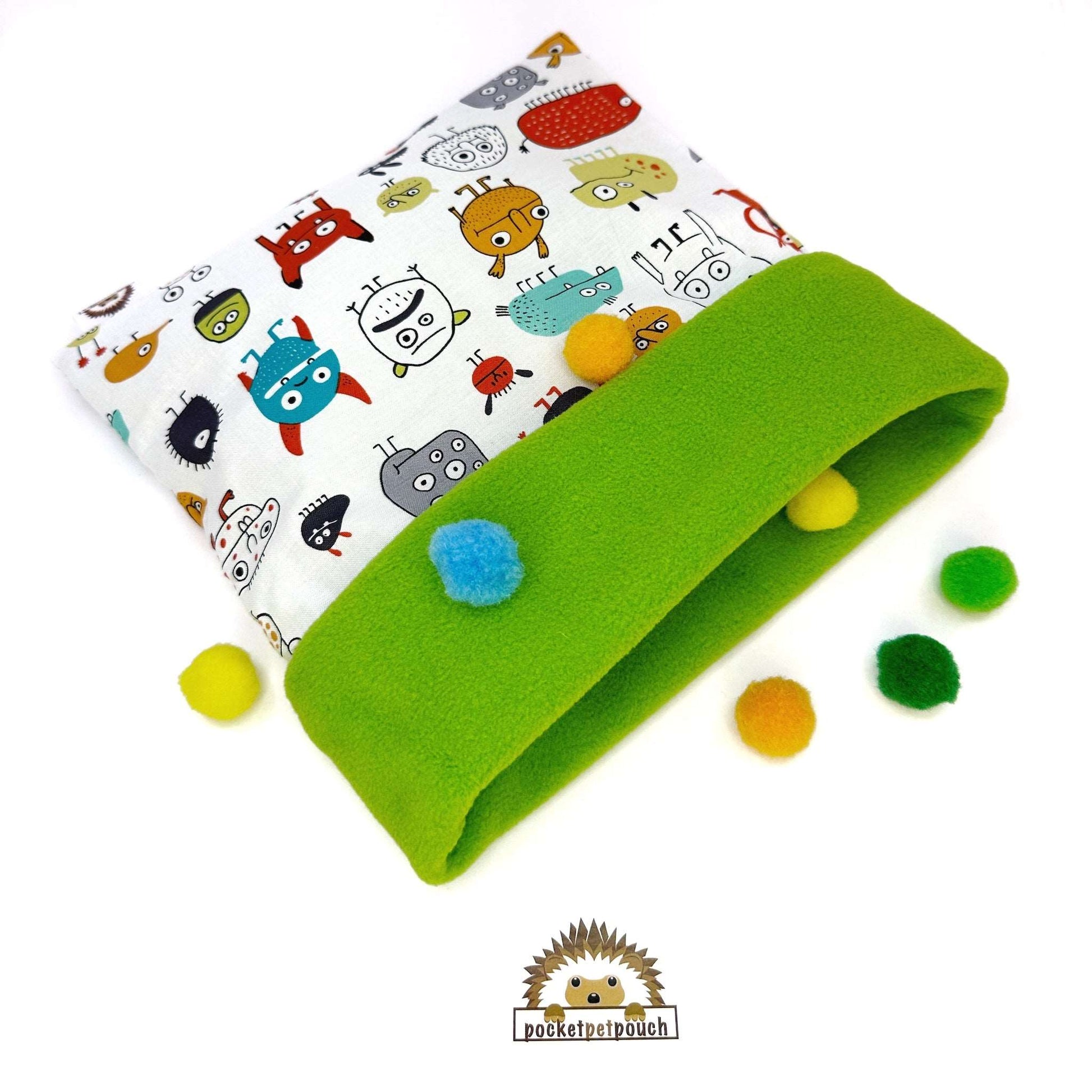 PocketPetPouch Snuggle Sack for hedgehogs and small animals. Cotton Shell with Anti-Pill fleece lining. Cartoon small pet snuggle sack bonding hedgehog pouch pocket pet Design with neon green inside.