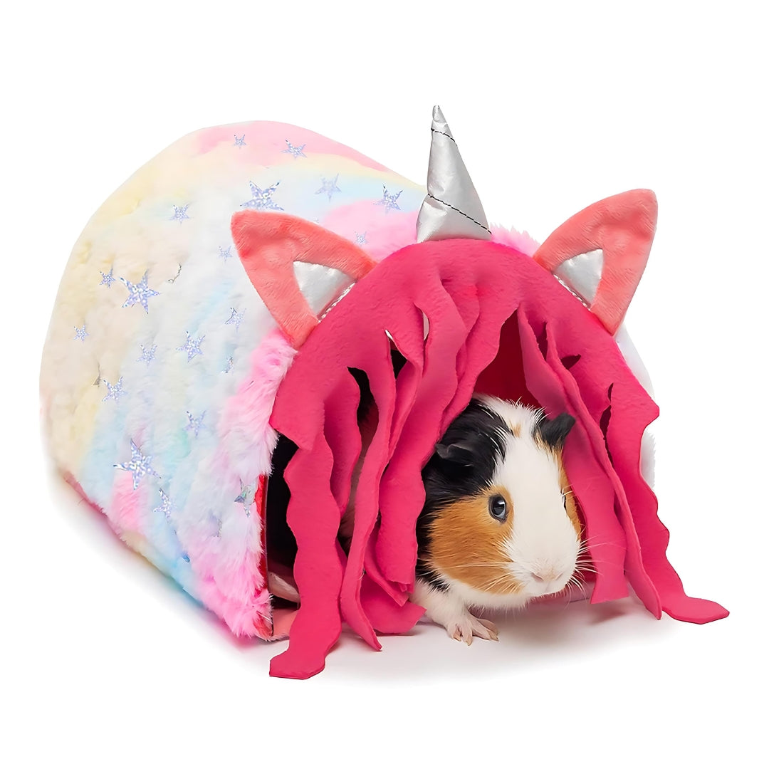Transform your pet's habitat into a magical wonderland! This charming hideout is perfect for guinea pigs, hedgehogs, and other small pets. Measuring 11.5 inches long, 5.8 inches tall, and 7 inches wide, it's the perfect size for your furry friend. Made with ultra-soft fleece and minky material, it's a cozy spot for your pet to rest and relax. And don't worry, the assembly process is so easy, a unicorn could do it (if they had hands)!